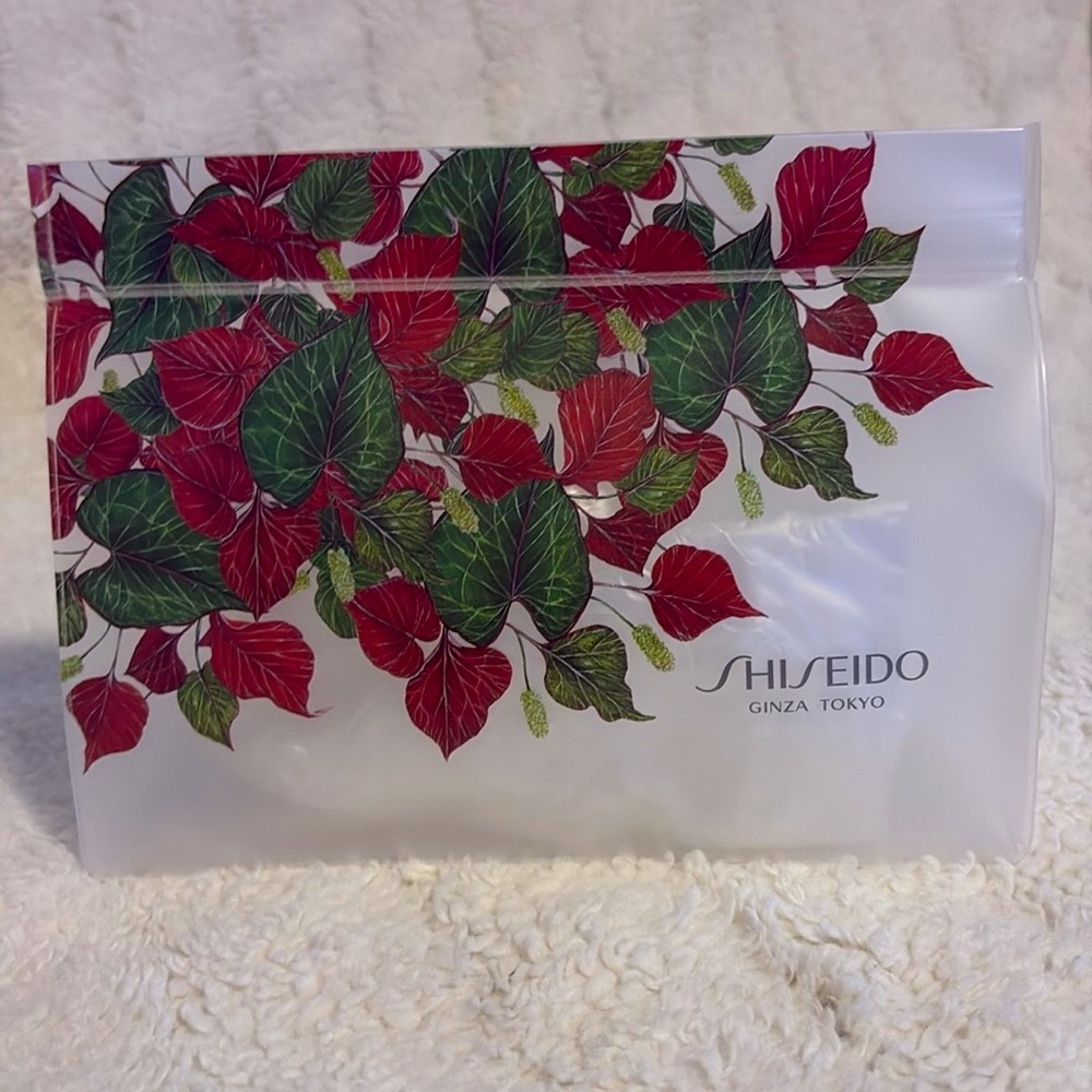 New Shiseido Clear Rubber Red & Green Floral Resealable Pouch
